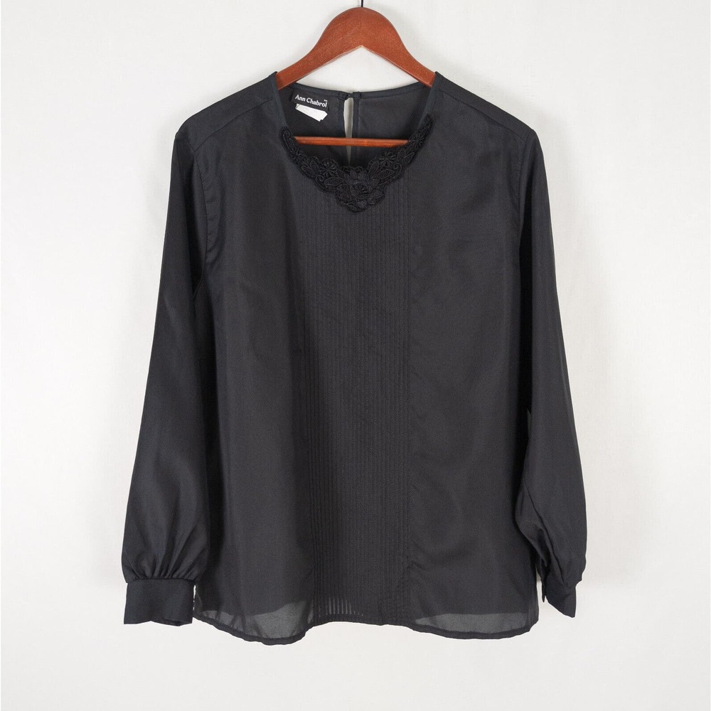 Ann Chabrol Womens Blouse Size 12 Top Black Long Bishop Sleeve Floral Embroidery